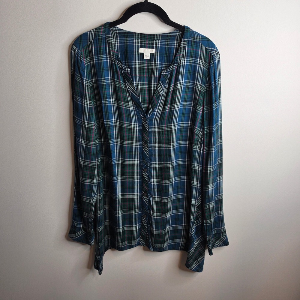 J. Jill Plaid Button Down Blouse Women Size S Blue Green Rayon Long Sleeve